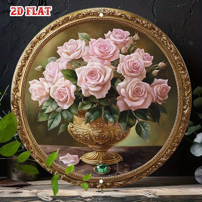 Classic Tin Decor-Elegant Gold-Framed Painting of Pink Roses in Ornate Vase,Round Poster for Living Room,Studio,or Diner Terrace