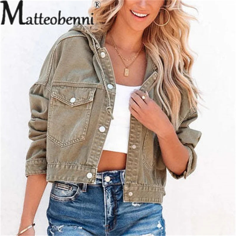 Autumn Winter Drawstring Hooded Denim Jackets Women Loose Long Sleeve Outerwear Female Single-breasted Splice Pocket Short Coats