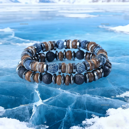 2pcs Men's Natural Stone Bead Bracelet Set, Handmade Retro Outdoor Style Men's Jewelry, Men's Gift