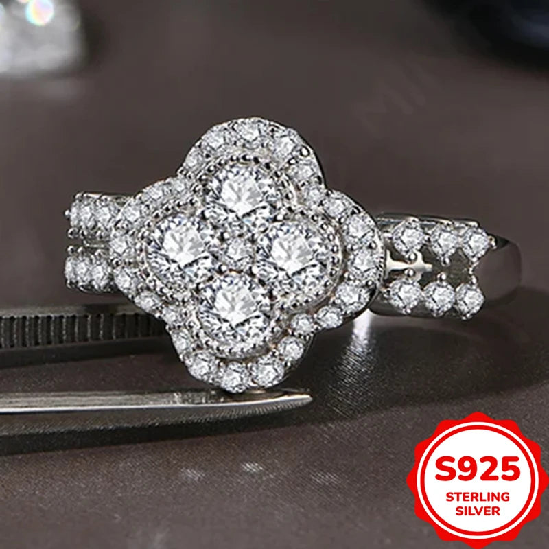 Fine Jewelry Four-Leaf 18k White Gold Plated Diamond Ring For Women S925 Sterling Silver Engagement Wedding Jewelry Gift
