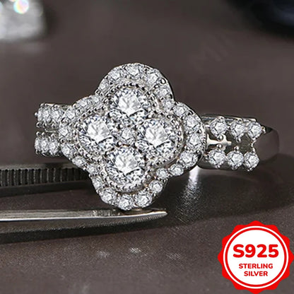 Fine Jewelry Four-Leaf 18k White Gold Plated Diamond Ring For Women S925 Sterling Silver Engagement Wedding Jewelry Gift