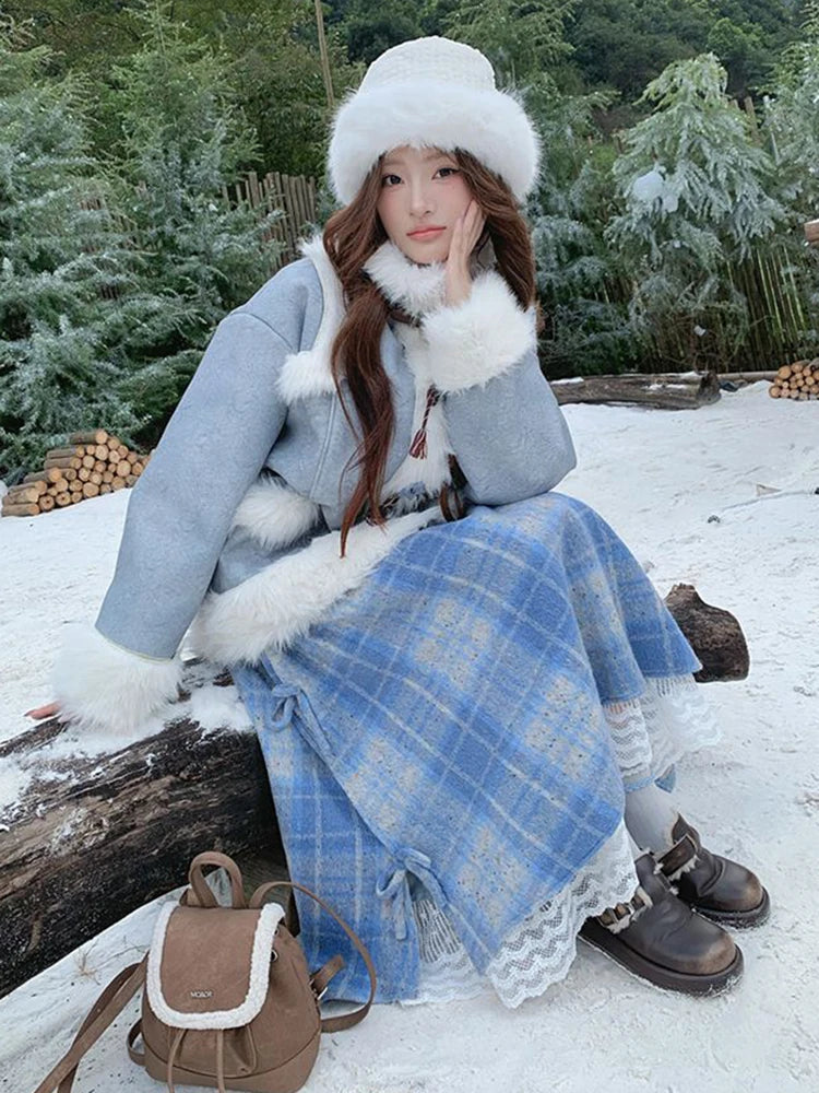 Japanese Blue Plaid Midi Skirt Women Fall Winter Sweet Bow Lace Patchwork Skirts Fashion High Waist Thicken Aesthetic Cute Skirt
