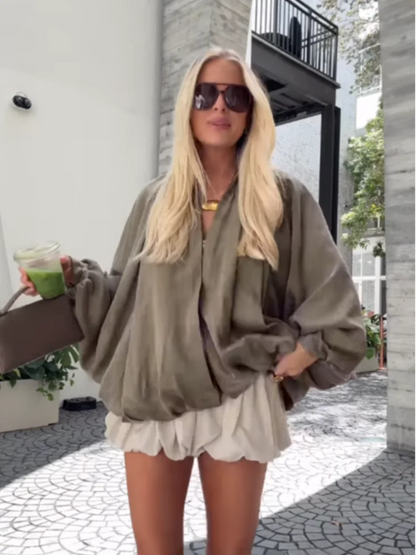 Pleated Zipper Green Oversize Jacket Women Long Lantern Sleeve Lapel Folds Elegant 2025 Spring Coat Street Commuter Lady Tops