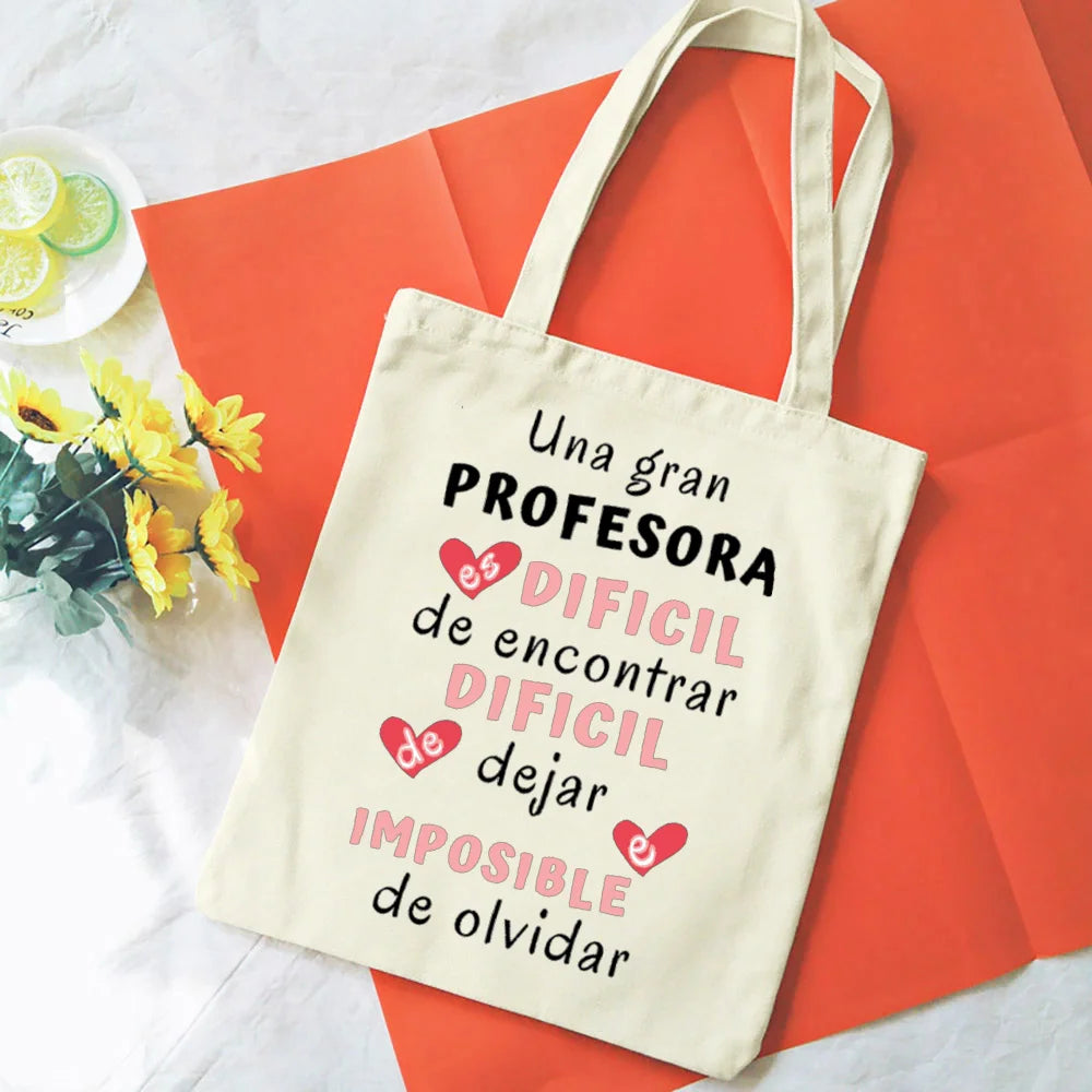 Spanish Printed Women Tote Bag Canvas Shopping Bags Female Travel Shoulder Bag Casual Handbag Graduation Thanks Gift for Teacher