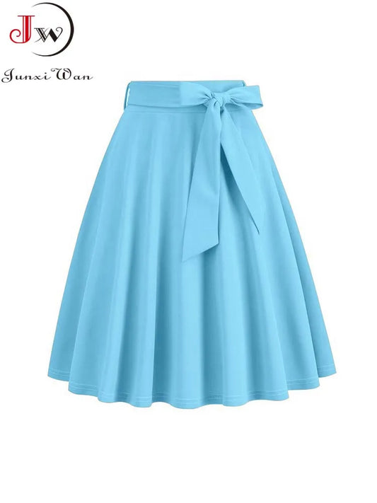 Women Retro Vintage Midi Long Skirt Solid Elegant Faldas High Waist A Line 50s Swing Skirts
