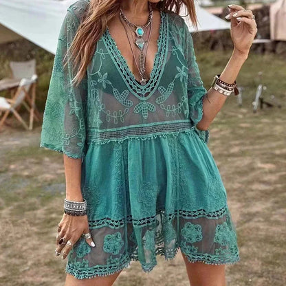 AYUALIN Floral Embroidery Loose Sexy Bikini Tunic Vintage Deep V-neck Boho Lace Cover-Ups Women Summer Mini Robe 2025 Beach Wear
