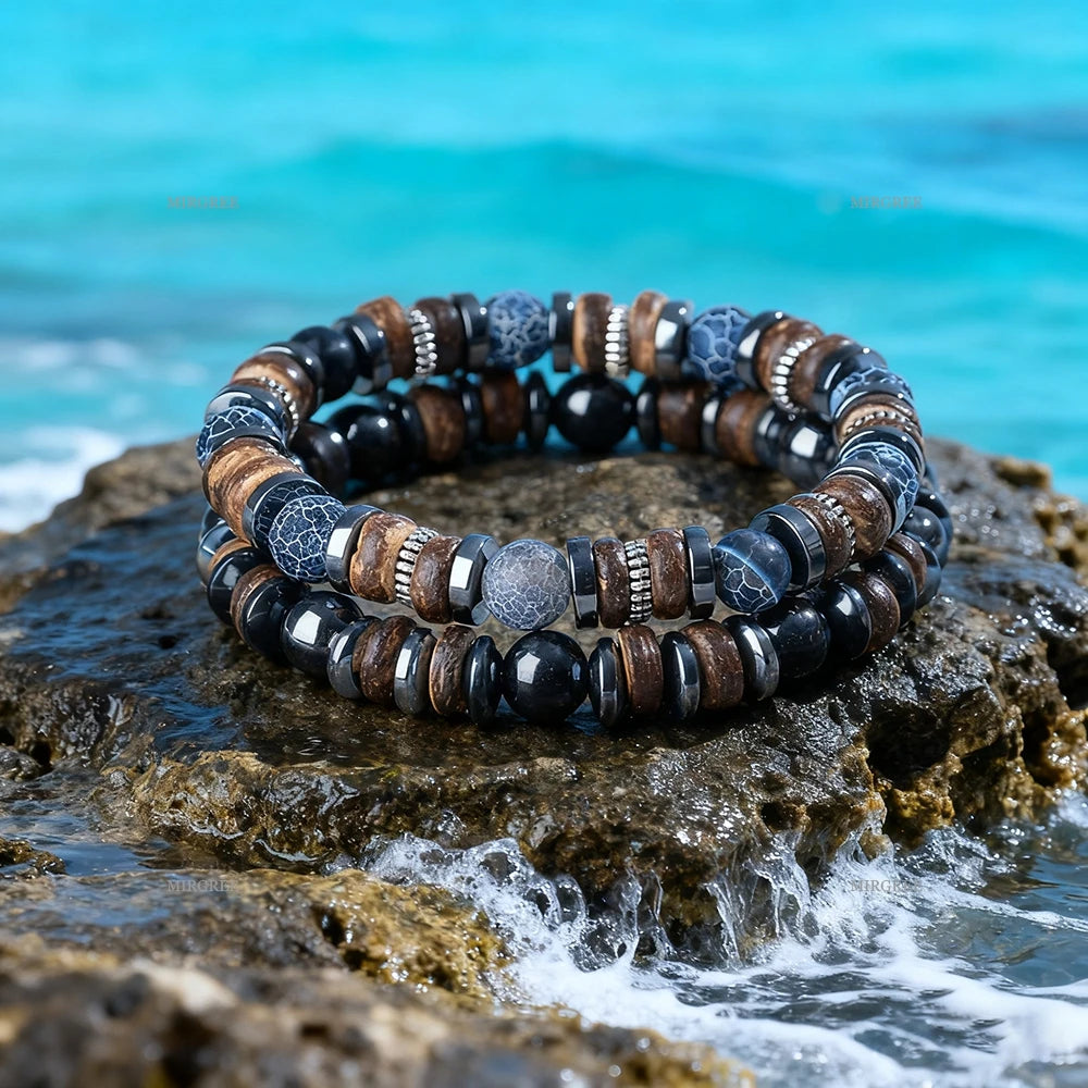 2pcs Men's Natural Stone Bead Bracelet Set, Handmade Retro Outdoor Style Men's Jewelry, Men's Gift