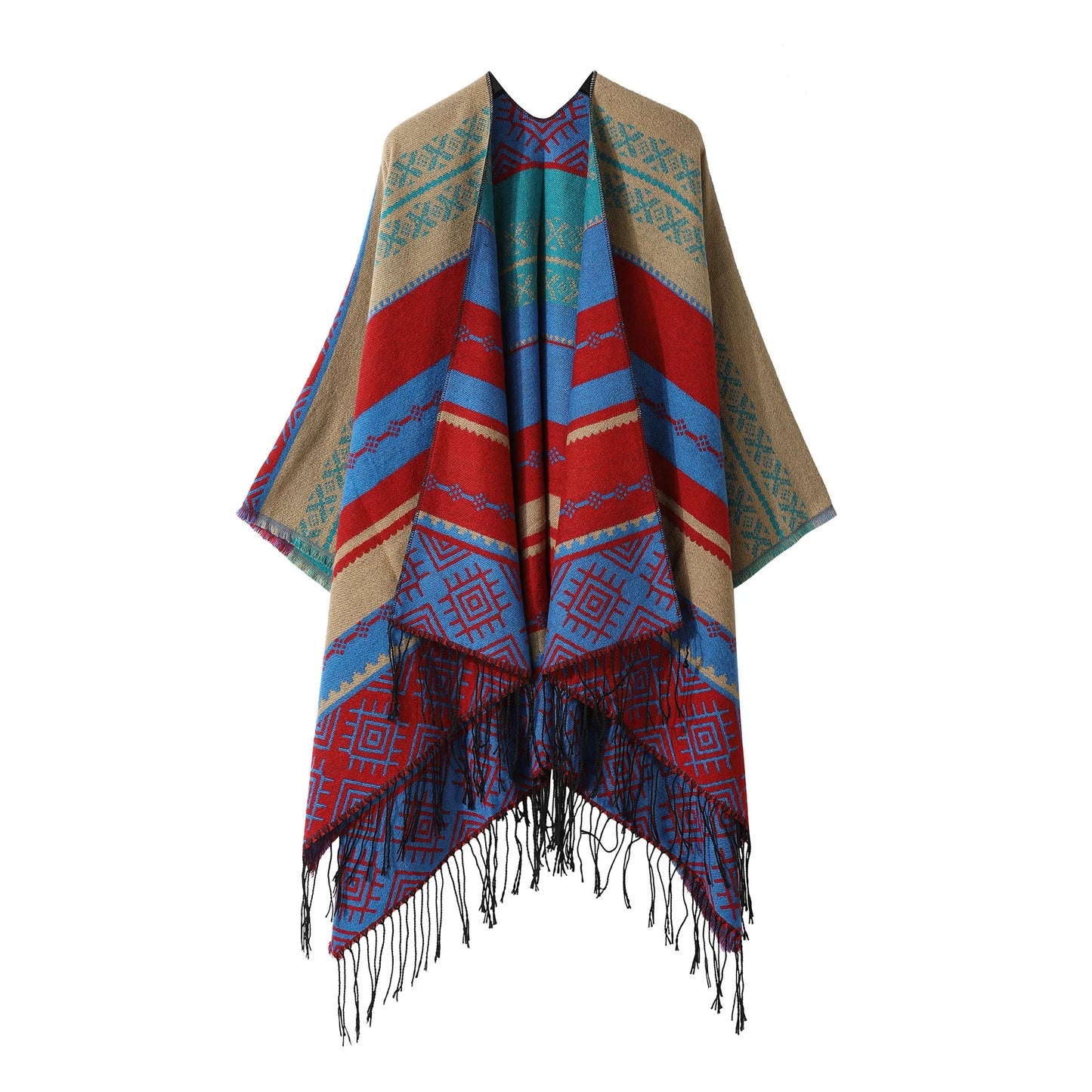 Poncho New Split Warm Shawl Vintage Ethnic Style Scarf Imitation Cashmere Tassel Women Cape Lady Cloak Warm Coat Khaki