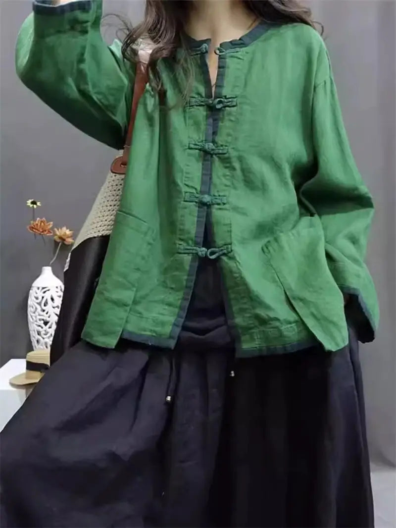 Linen Shirt Jacket Chinese Style Contrasting Color Plate Buckle Cardigan Women's Stand Up Collar Retro Casual Loose Top K1861