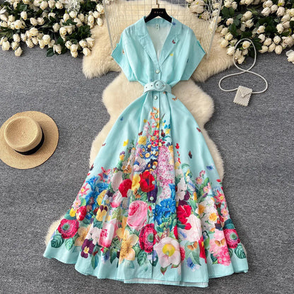 Summer Holiday Floral Print Dress Women's Notched Short Sleeve Single Breasted Buttons Up Belt Boho Maxi Long Robe Vestidos