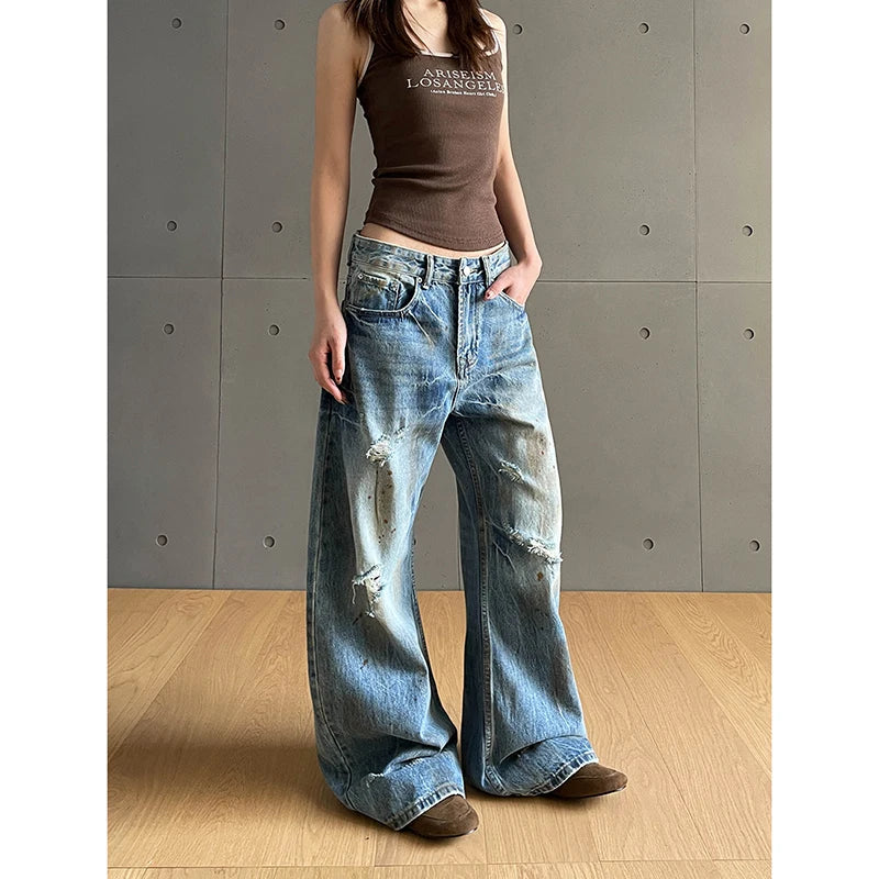 2025 Spring American Vintage Y2K 2000s Washed Do Old Blue Baggy Ripped Jeans Women's Loose Wide Leg Cargo Casual Denim Pants