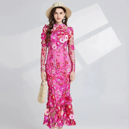 Designer Summer Autumn Flower Embroidery Lace Prom Evening Dress Women Mesh Tulle Bodycon Pencil Long Sleeve Midi Dresses Party