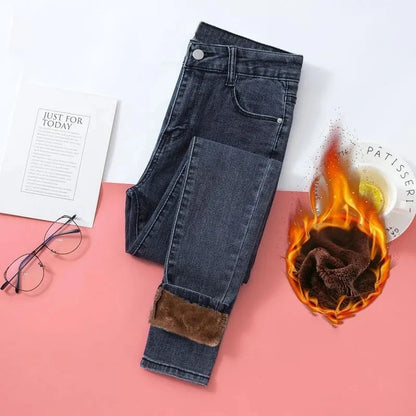 Women High Waist Thermal Jeans Winter Warm Stretchy Fleece Lined Denim Pants Leggings Blue Black Female Slim Pants Trousers