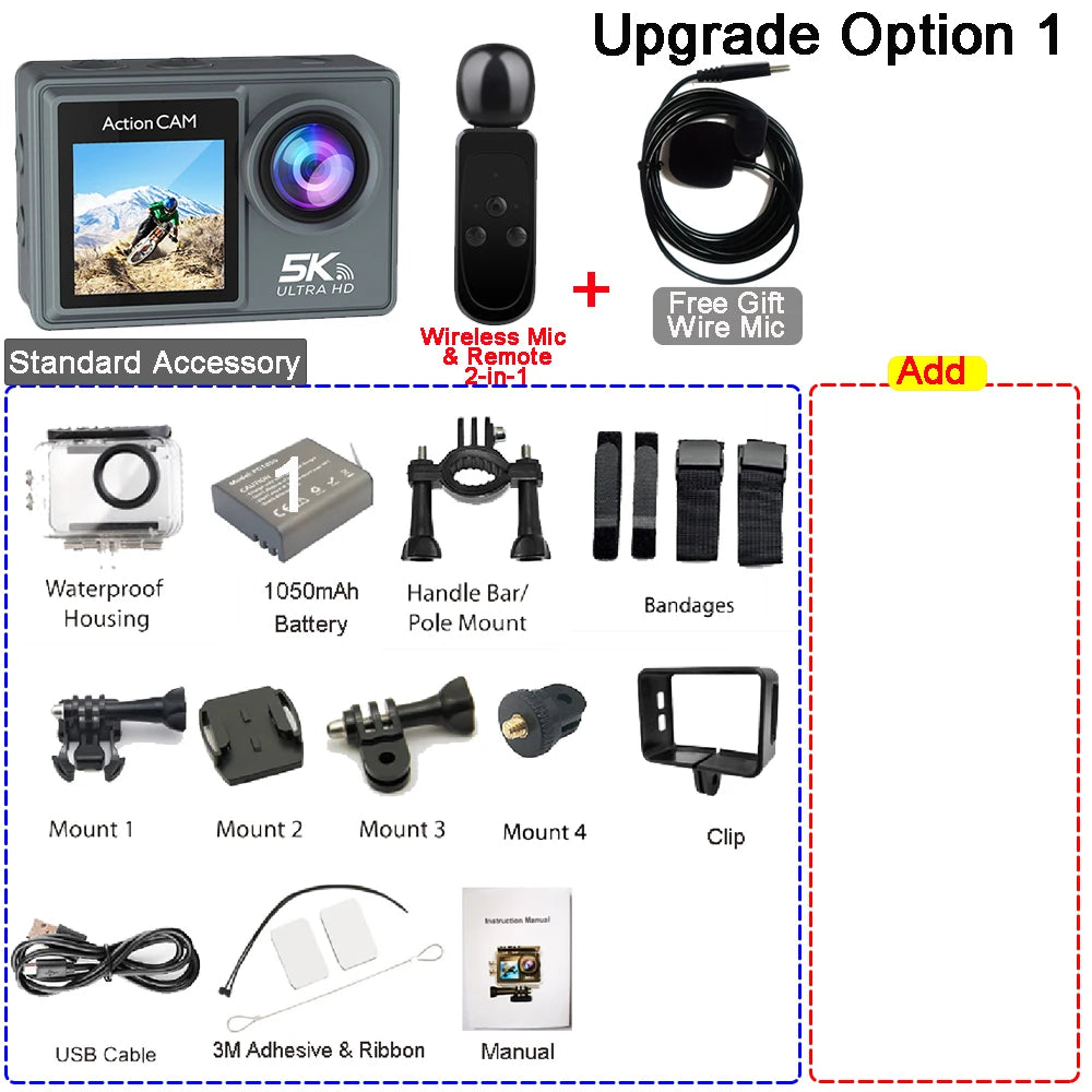 Action Camera 5K 4K60FPS Dual IPS Touch LCD EIS 170° 30M Waterproof 5X Zoom Sport Camera Optional Wireless Mic & Remote Control