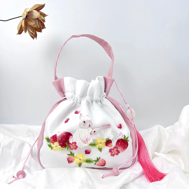 Chinese Style Retro Flower Embroidery Crossbody Top-handle Bags Women Shoulder Lace Drawstring Bucket Bag Coin Purses Handbags