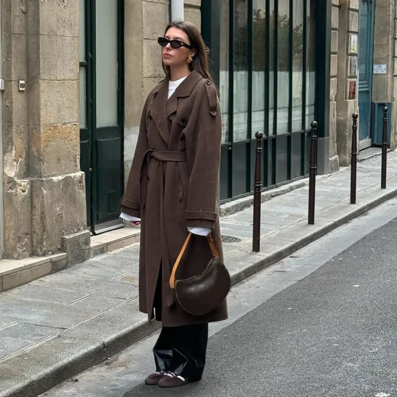Street Women's Woolen Overcoat With Belt Loose Lapel Double Breasted Full Sleeve Long Coats 2025 Autumn Winter Lady Trench Coat