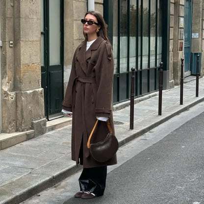 Street Women's Woolen Overcoat With Belt Loose Lapel Double Breasted Full Sleeve Long Coats 2025 Autumn Winter Lady Trench Coat