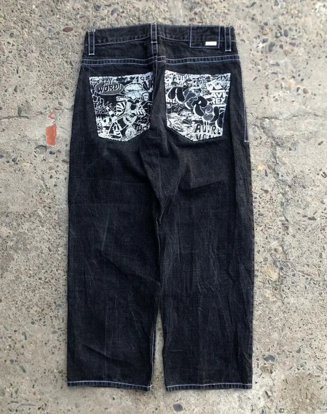 High Street Fashion Trendy Embroidery Pattern Harajuku Gothic Straight Wide Legs Casual Loose Punk Washed Old Denim Trousers