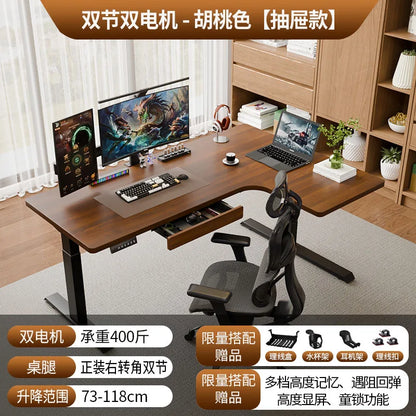 Computer Desk，Solid Wood L-shaped Corner Electric Lifting Table, Removable Home E-sports Office Computer Standing Desk