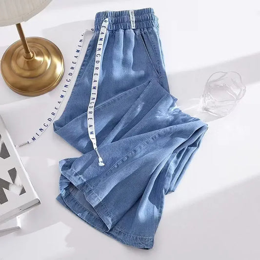 High Waist Straight Leg Tencel Denim Jeans Ice Silk Casual Summer Thin Wide Leg Pants Women's Fashion Comfortable Fit Jeans