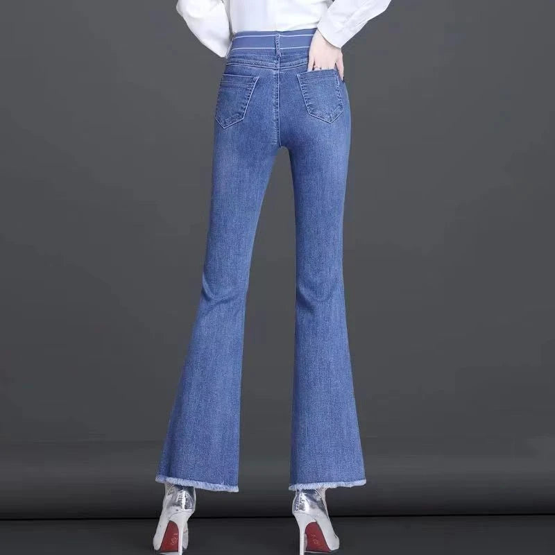Elastic Waist Flare Nine Points Boot Cut Women Clothing Jeans Autumn High Waist Fashion All-match Elastic Comfortable Pants
