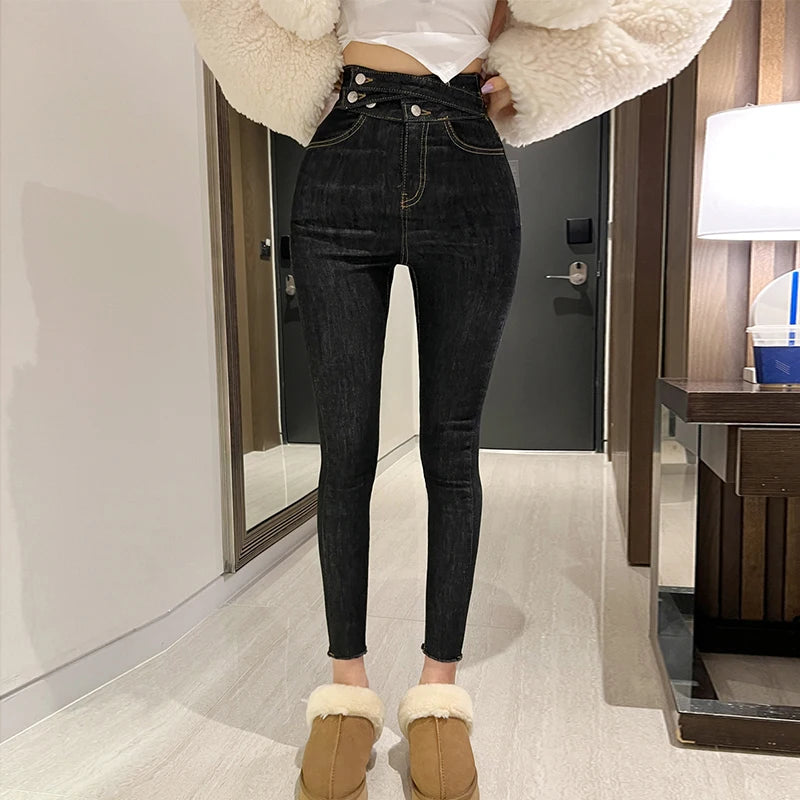 Slimming High Waist Elastic Design Chic Autumn Winter Women's Jeans Skinnypants French Sle Pure Color Spring Autumn Suitable