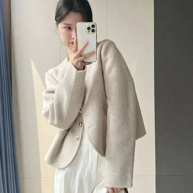 Women's New Round Neck Single-breasted Double-sided Tweed Coat Fashionable Casual and Versatile Elegant Top