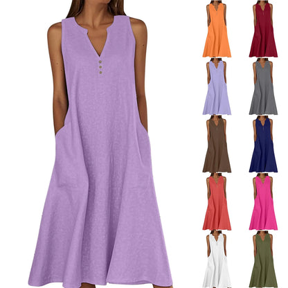 Women's Summer Casual V-neck Button Solid Color Sleeveless Long Dress With Pockets Female Elegant Trendy Casual Loose Dresses