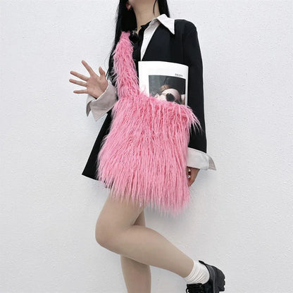 Soft Plush Women's Shoulder Bag Y2K Style Winter Furry Hobo Clutch Purse Fashionable Ladies Underarm Handbag Simple Design