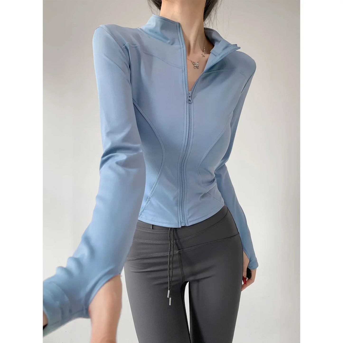 S-3XL Women's Fitness Jackets Yoga Coat with Zipper Slim Running Wear Stretch Gym Crop Top Lightweight Sports Outerwear Hoodless