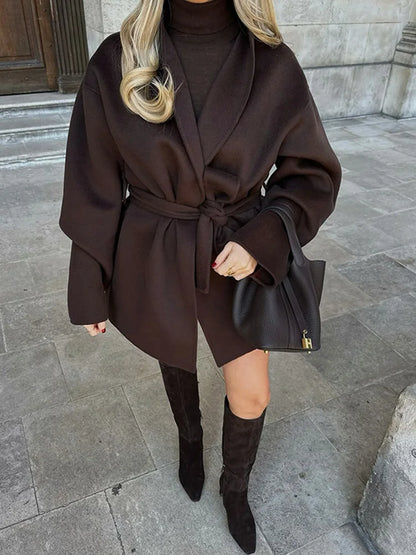 Fashion Casual Brown Coat Cardigan Simple Loose V-Neck Long Sleeve With Belt Jackets 2025 Autumn Winter Lady New Solid Outerwear