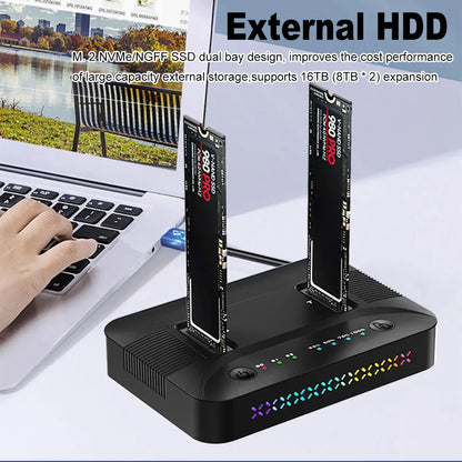 Dual Bays M.2 SSD Docking Station Type C USB 3.1 10Gbps M.2 NVME SATA NGFF Dual Protocol SSD Enclosure OFFline Disk Duplicator