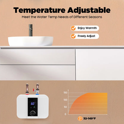 1500W Electric Hot Water Heater 6L/1.59Gal Mini Tank Water Heater Knob Control Compact Kitchen Undersink Water Heater