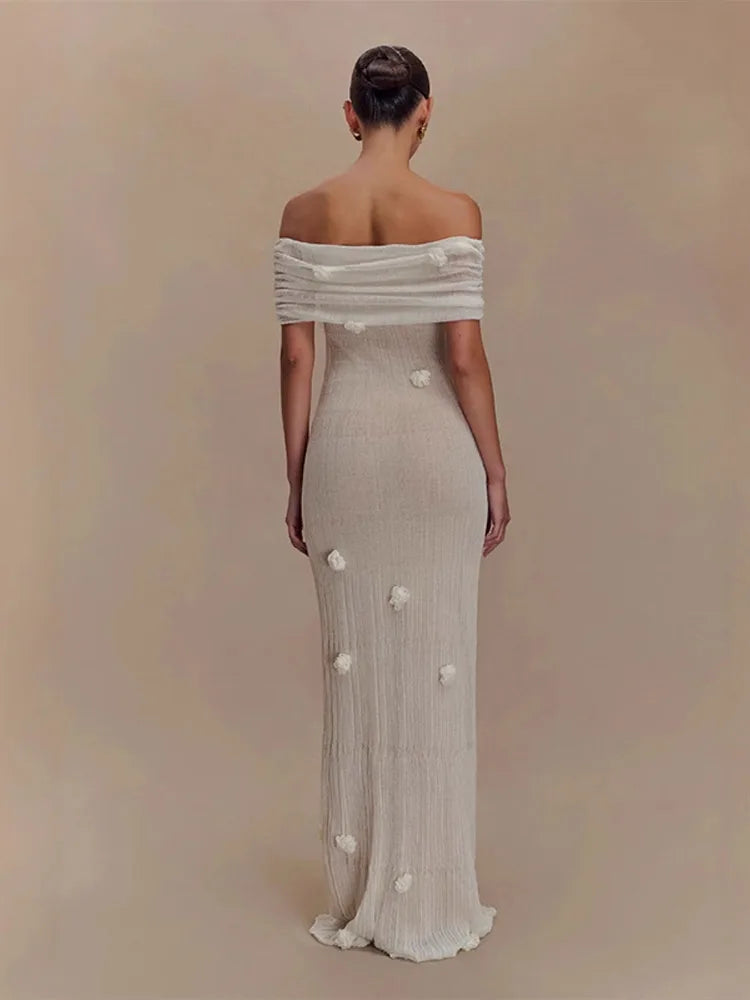 Chic 3D Flower Sleeveless Slim Maxi Dress Elegant Off Shoulder Knitted Long Dresses for Women 2025 Spring New Evening Party Robe