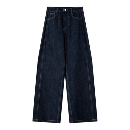VIMLY Navy Blue Denim Woman Pants Autumn 2025 New Vintage Clothing Pockets Mid-waist Loose Female Trousers Women Clothes 75125