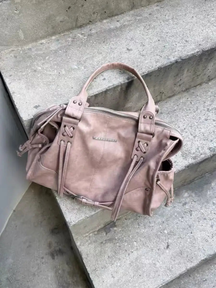 Korean brand FANCY CLUB: Large Capacity Retro Fancyclub Tote Bag with Rivets and Straps – A Motorcycle-Style Bag for Women.