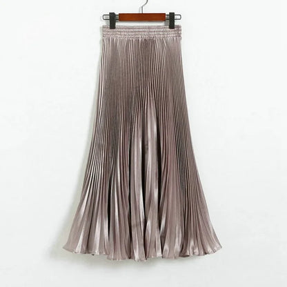Women's Fashion Pleated Mermaid Long Skirt Korean Style Casual High Waist Satin Flowy Skirts Shiny 19 Colors 2024 Spring SK500