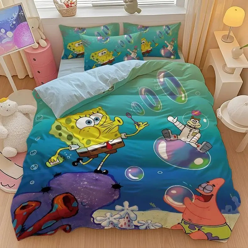 New Anime SpongeBobs Bedding Set Duvet Cover Bed Set Quilt Cover Pillowcase Comforter king Queen Size Boys Adult Bedding Set