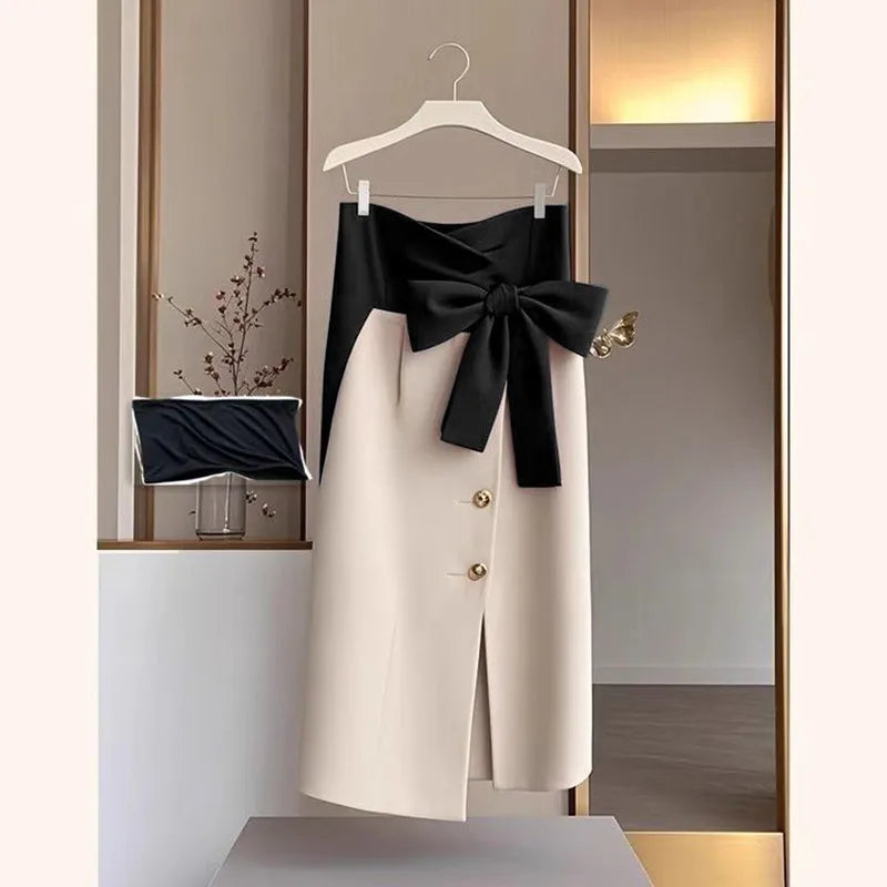 Elegant Bow Party Skirt Spring New Fashion Single Breasted Office Lady Midi Jupe Women's Slim Asymmetric Patchwork Faldas 855P