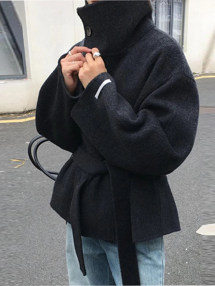 Elegant Women's Belt Stand Collar Woolen Coat Chic Single Breasted Full Sleeve Jacket 2025 Autumn Winter Lady Commute Streetwear