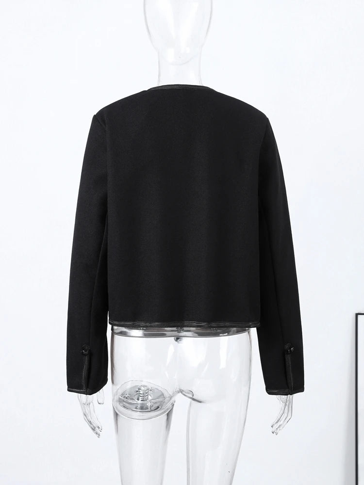 Fashion Chic Napoleon Cropped Jacket Women O-neck Long Sleeve Black Short Coats 2026 Spring Elegant Lady Commute Outerwear