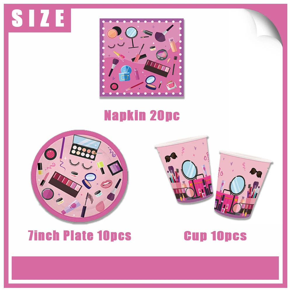 Girl's Birthday Party Supplies  Cosmetics Decorations Background Banners Disposable Cups Plates Knives Forks Spoon Gift Backdrop