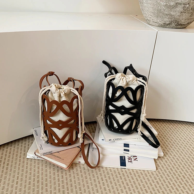 Solid Color PU Versatile Hollow Out Mini Bucket Bag Casual Drawstring Crossbody Bags Hot Sale Adjustable Strap Shoulder Bags