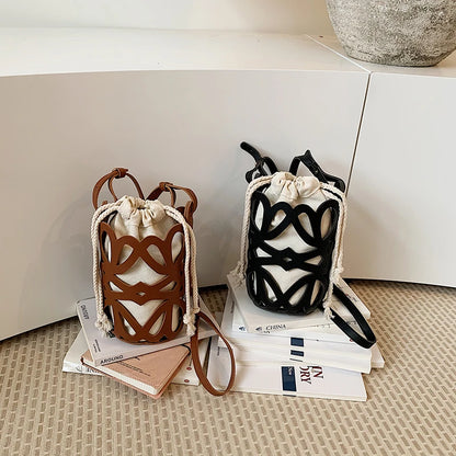 Solid Color PU Versatile Hollow Out Mini Bucket Bag Casual Drawstring Crossbody Bags Hot Sale Adjustable Strap Shoulder Bags