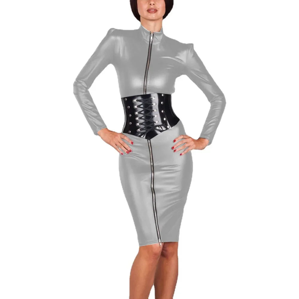 Women's Long Sleeve Matte Faux Leather Bodycon Dress, Sexy Wrap Hip, Knee-Length Dress, Front Zipper, Slim Fit, Clubwear Costume