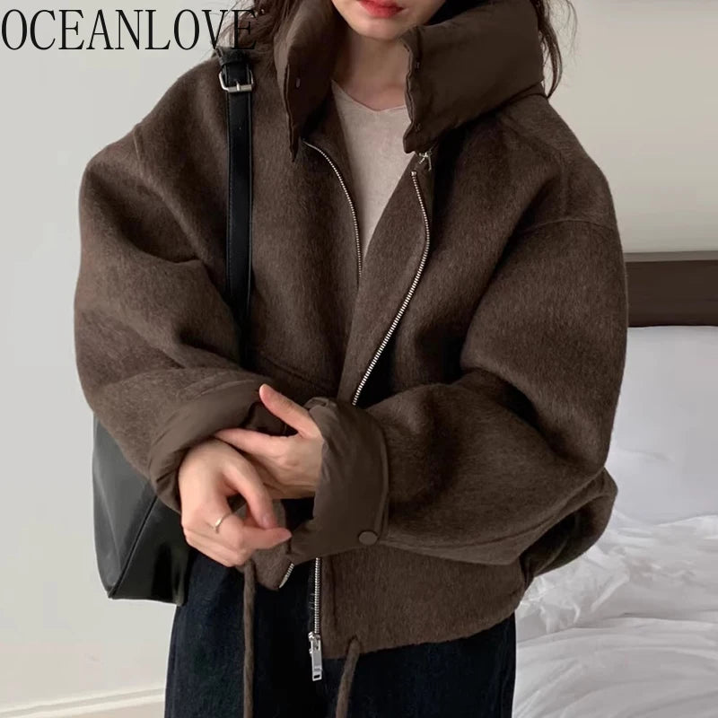 OCEANLOVE Hooded Autumn Winter Woolen Jackets for Woman Solid Warm Chaquetas Korean Fashion Chic Vintage Loose Outwears