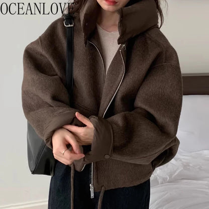 OCEANLOVE Hooded Autumn Winter Woolen Jackets for Woman Solid Warm Chaquetas Korean Fashion Chic Vintage Loose Outwears