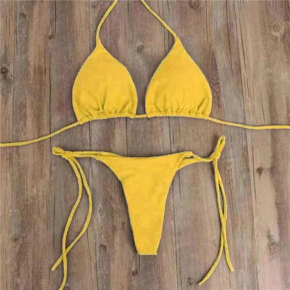 Sexy Women Thong Solid Color Bikini Set Side Halter Tie Swimsuit Ladies Split Strap Adjustable Brazilian Swimwear Soft Beachwear