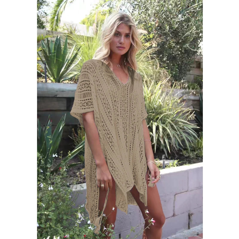 Knit Hollow Out Dress Without Bikini, Long Sleeves Round Neck See Through Crochet Cover Up Dress, Women's Swimwear & Clothing
