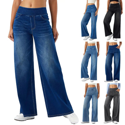 Women Jeans Denim Pant Wide Leg Long Pants Y2k Streetwear Elastic Waist Straight Trousers Elegant Mom Jeans Temperament Casual